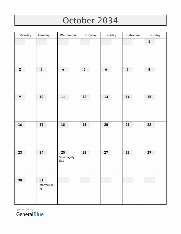 Slovenia October 2034 Calendar with Holidays