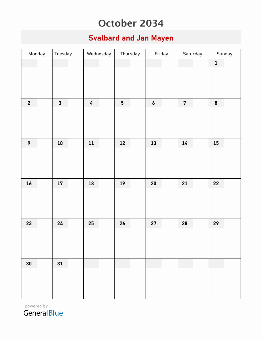 Svalbard and Jan Mayen October 2034 Calendar with Holidays