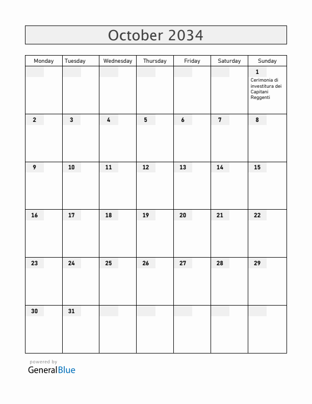 San Marino October 2034 Calendar with Holidays
