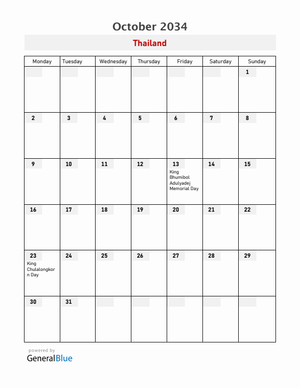 Thailand October 2034 Calendar with Holidays