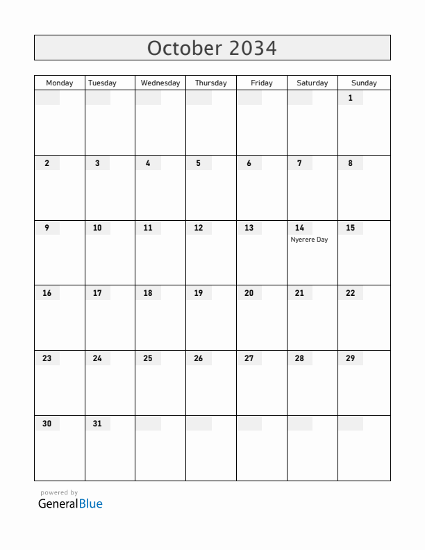 Tanzania October 2034 Calendar with Holidays