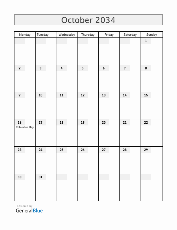 Uruguay October 2034 Calendar with Holidays