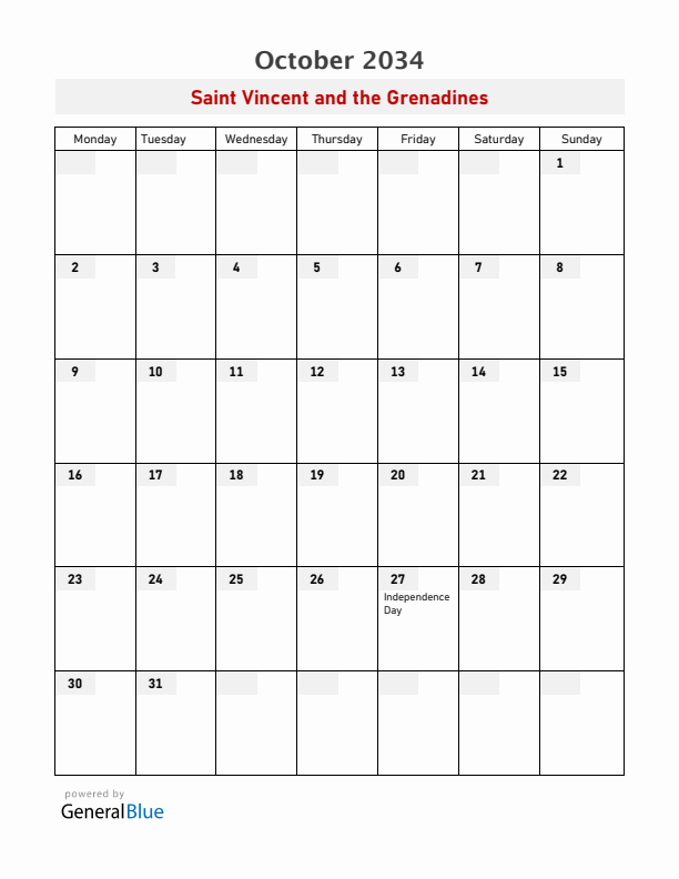 Saint Vincent and the Grenadines October 2034 Calendar with Holidays