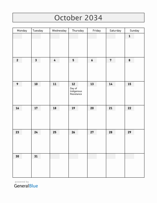 Venezuela October 2034 Calendar with Holidays