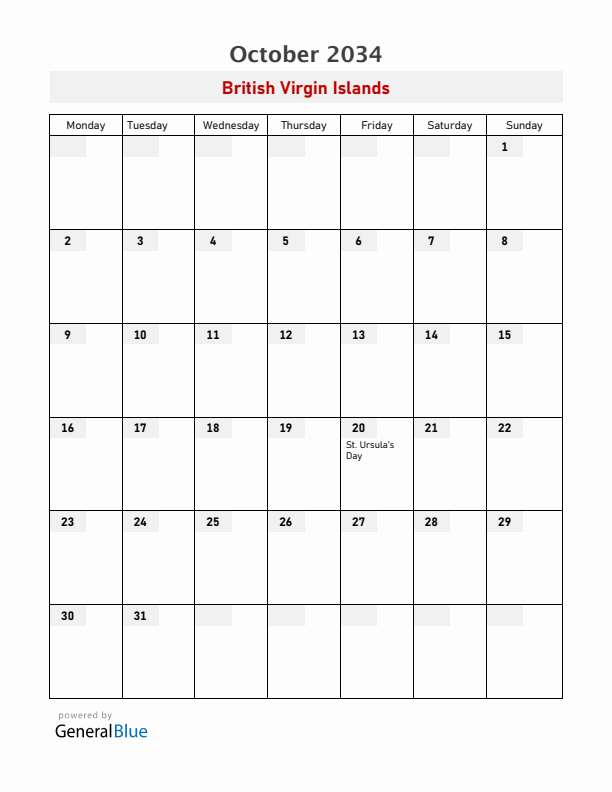 British Virgin Islands October 2034 Calendar with Holidays