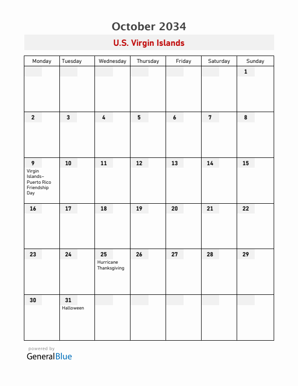 U.S. Virgin Islands October 2034 Calendar with Holidays