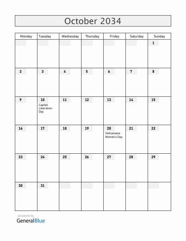 Vietnam October 2034 Calendar with Holidays