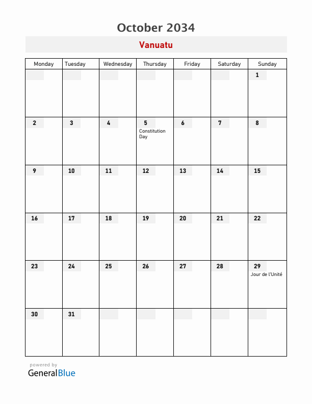 Vanuatu October 2034 Calendar with Holidays