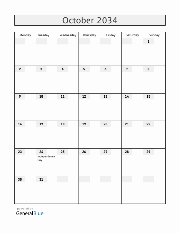 Zambia October 2034 Calendar with Holidays