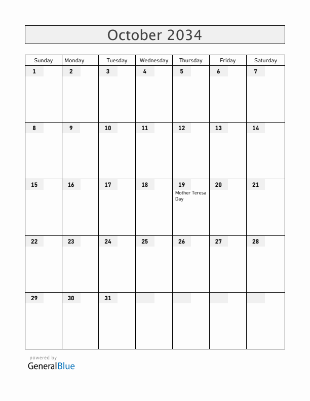 Albania October 2034 Calendar with Holidays
