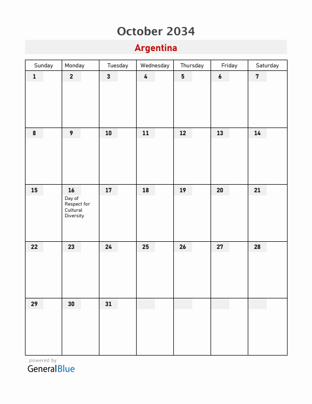 Argentina October 2034 Calendar with Holidays