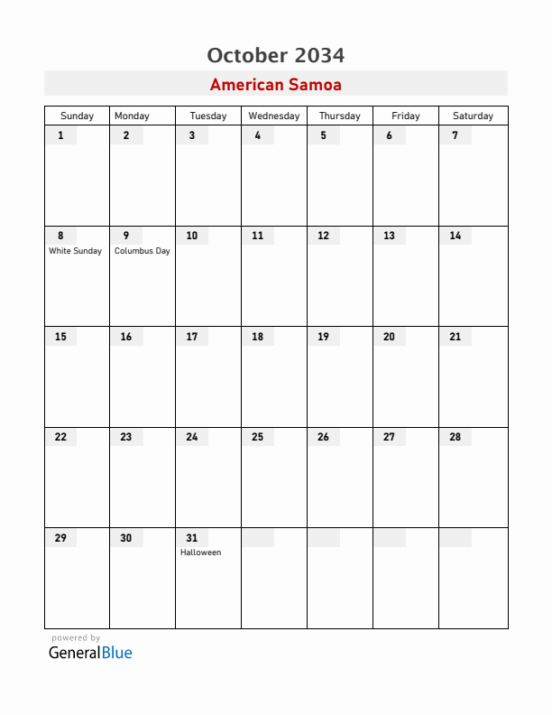 American Samoa October 2034 Calendar with Holidays