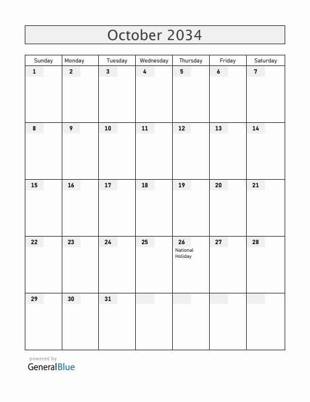 Austria October 2034 Calendar with Holidays