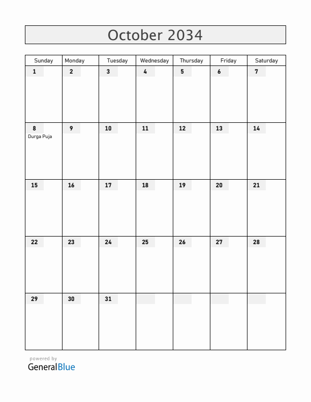 Bangladesh October 2034 Calendar with Holidays
