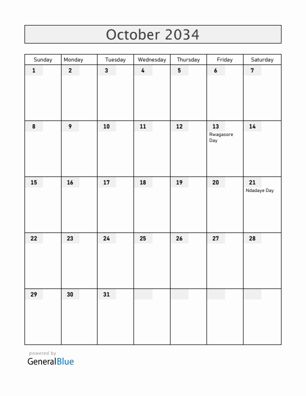 Burundi October 2034 Calendar with Holidays
