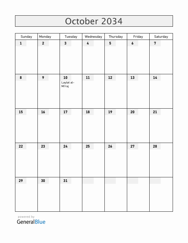 Brunei October 2034 Calendar with Holidays
