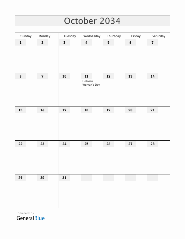 Bolivia October 2034 Calendar with Holidays
