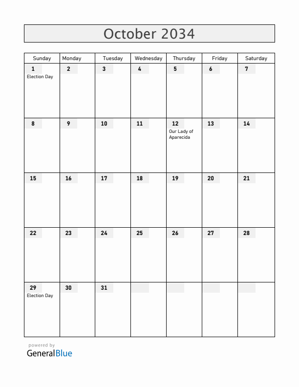 Brazil October 2034 Calendar with Holidays