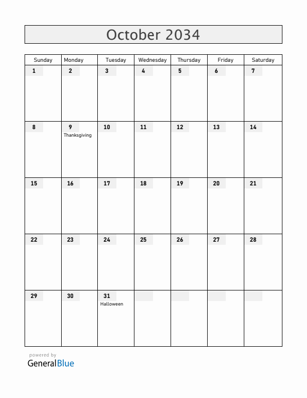 Canada October 2034 Calendar with Holidays