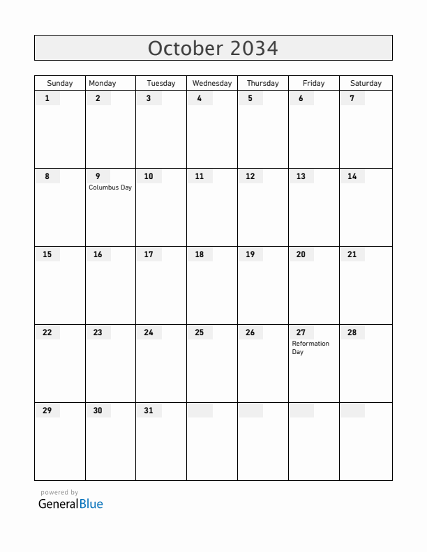 Chile October 2034 Calendar with Holidays