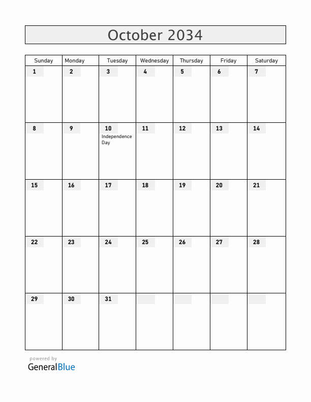Cuba October 2034 Calendar with Holidays
