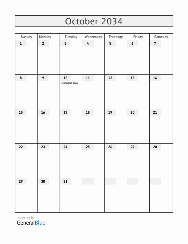 Curacao October 2034 Calendar with Holidays