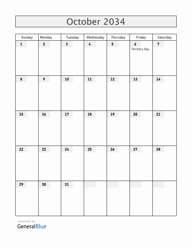 Christmas Island October 2034 Calendar with Holidays