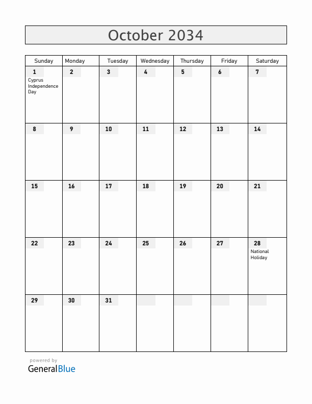Cyprus October 2034 Calendar with Holidays