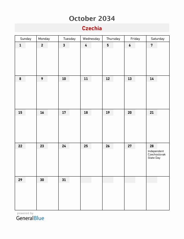 Czechia October 2034 Calendar with Holidays