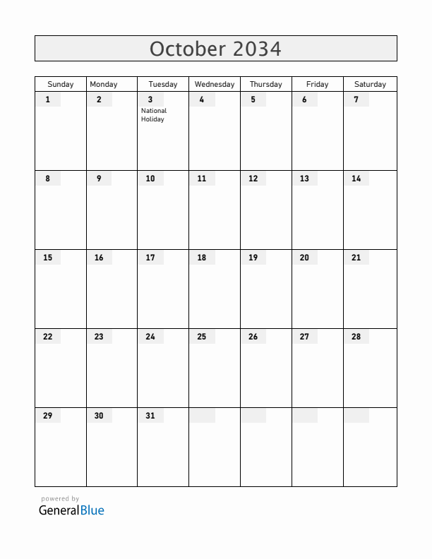 Germany October 2034 Calendar with Holidays