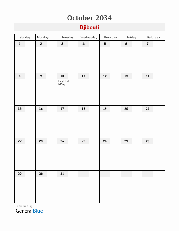 Djibouti October 2034 Calendar with Holidays