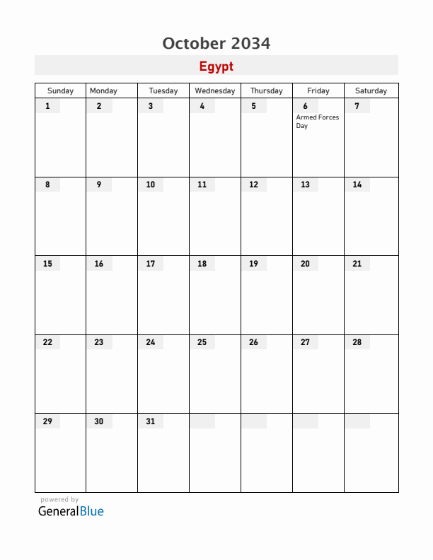 Egypt October 2034 Calendar with Holidays
