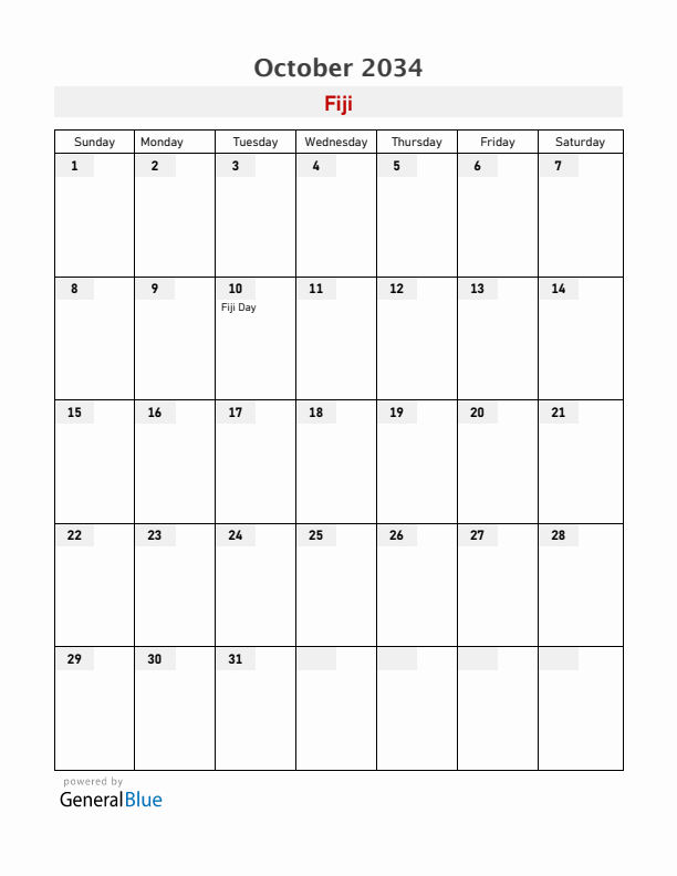 Fiji October 2034 Calendar with Holidays