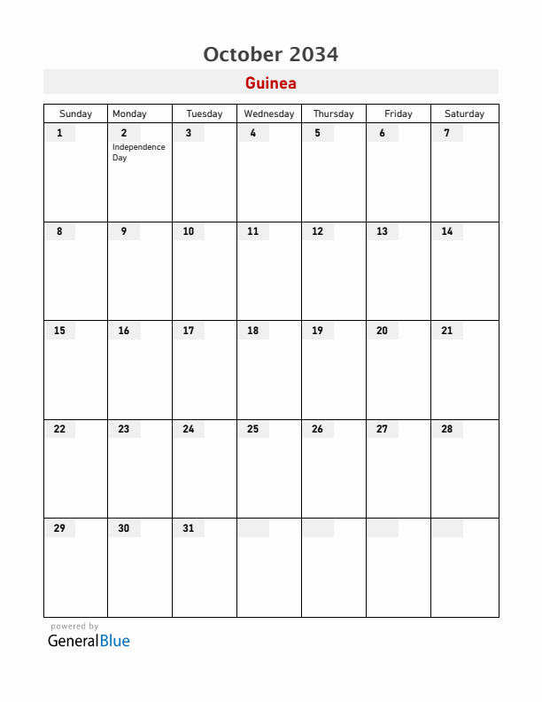 Guinea October 2034 Calendar with Holidays