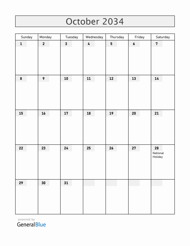 Greece October 2034 Calendar with Holidays
