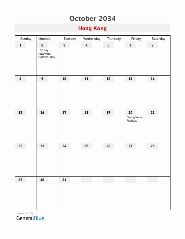 Hong Kong October 2034 Calendar with Holidays