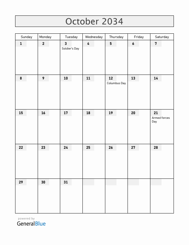Honduras October 2034 Calendar with Holidays