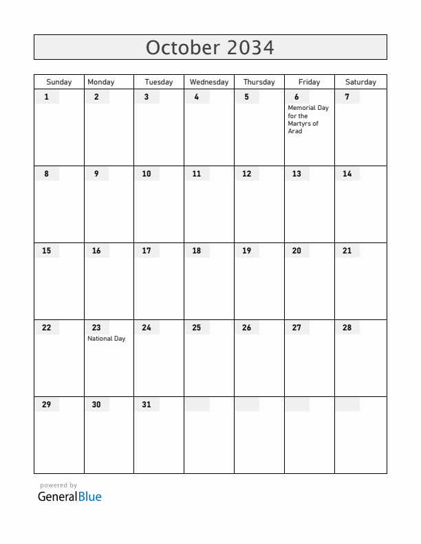 Hungary October 2034 Calendar with Holidays