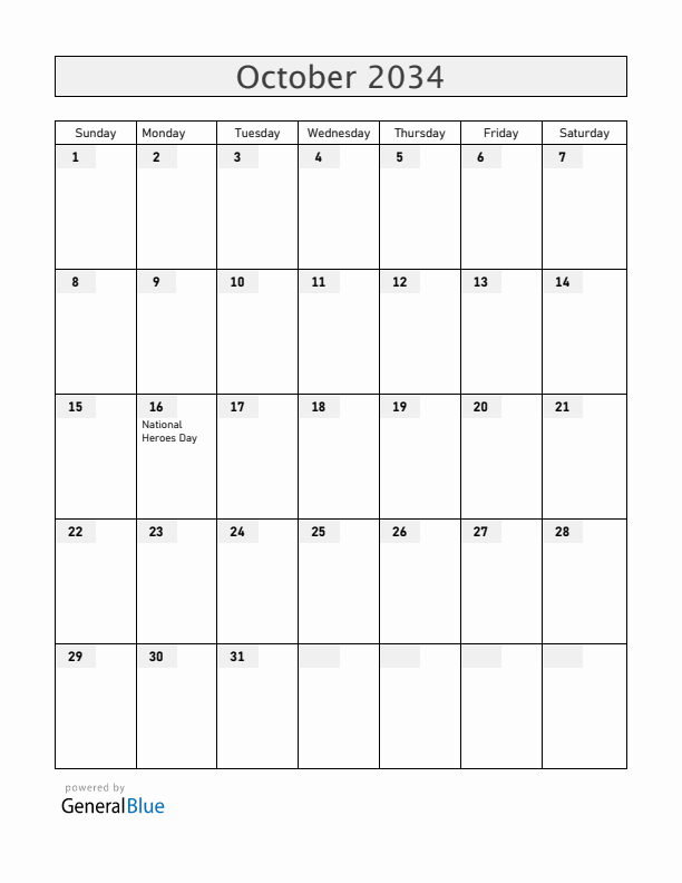 Jamaica October 2034 Calendar with Holidays