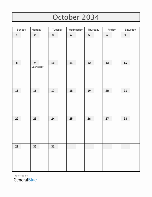 Japan October 2034 Calendar with Holidays