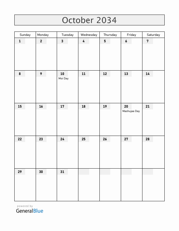 Kenya October 2034 Calendar with Holidays