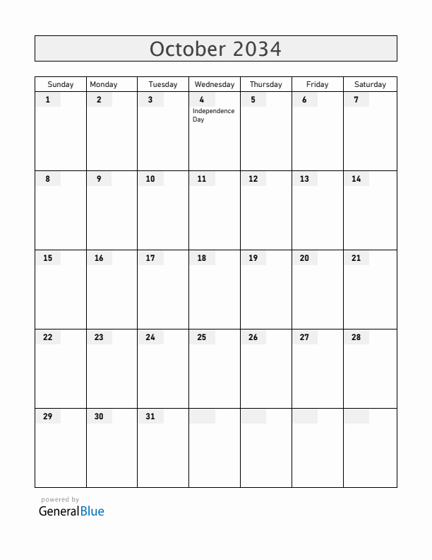 Lesotho October 2034 Calendar with Holidays