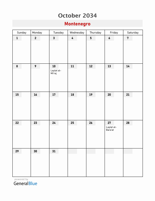 Montenegro October 2034 Calendar with Holidays