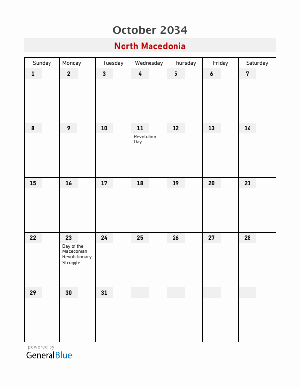 North Macedonia October 2034 Calendar with Holidays