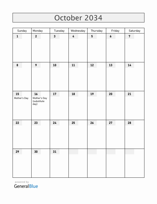 Malawi October 2034 Calendar with Holidays