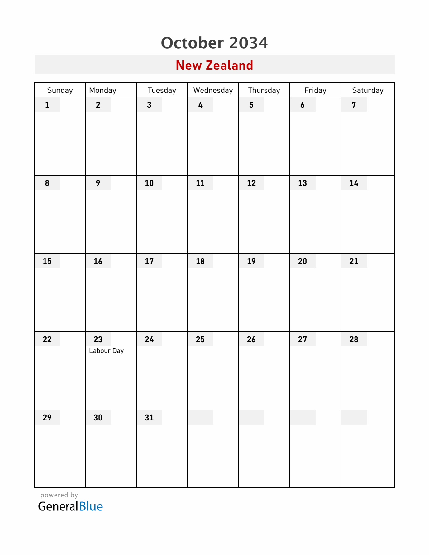 New Zealand October 2034 Calendar with Holidays