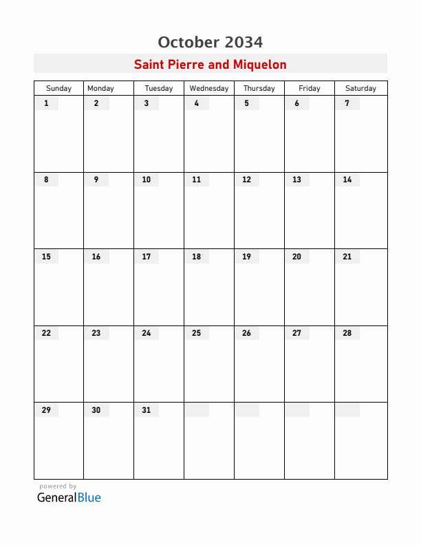 Saint Pierre and Miquelon October 2034 Calendar with Holidays