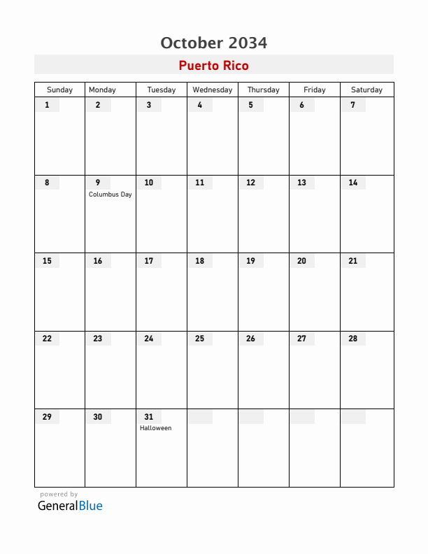 Puerto Rico October 2034 Calendar with Holidays