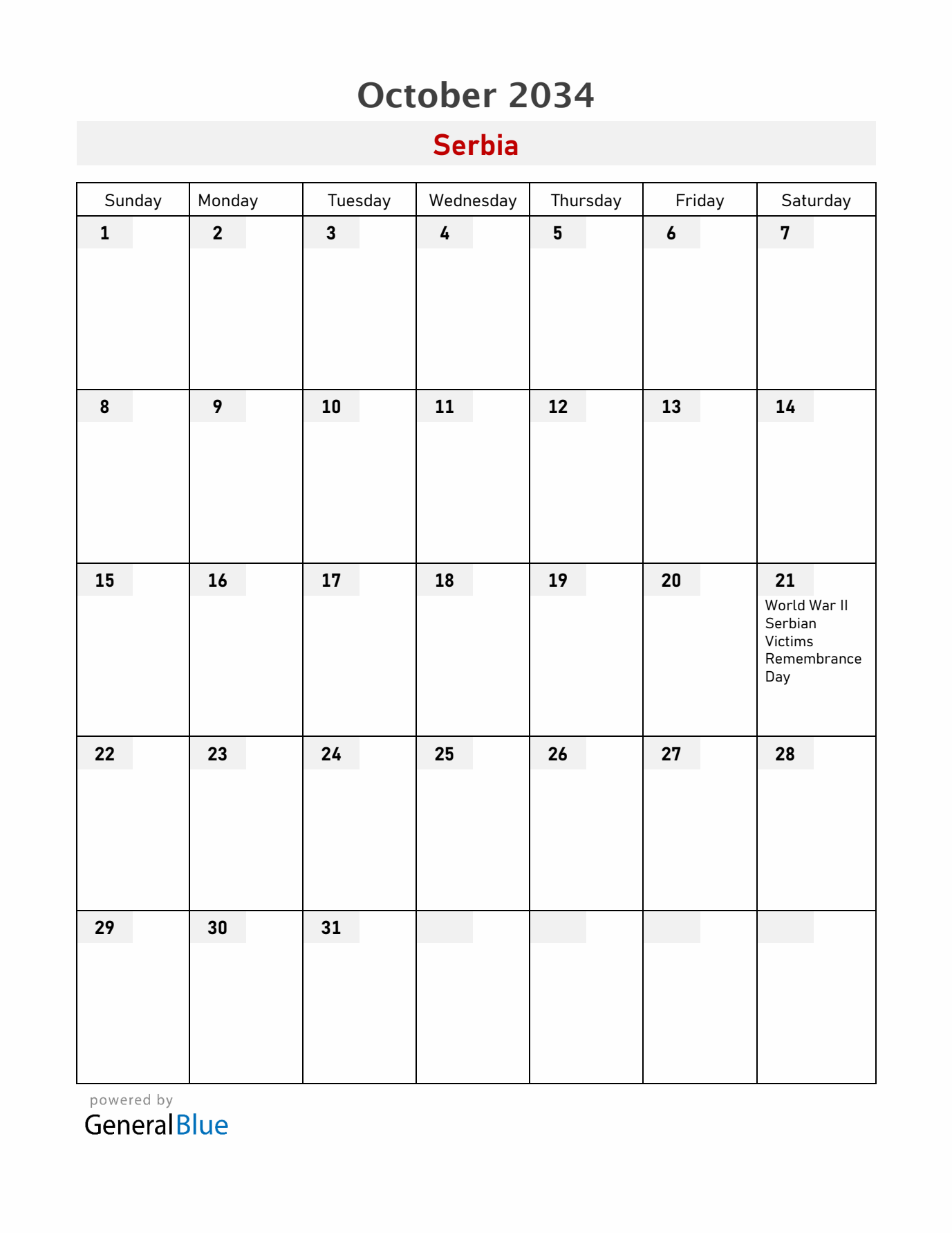 Serbia October 2034 Calendar with Holidays