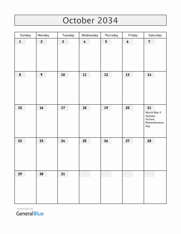 Serbia October 2034 Calendar with Holidays